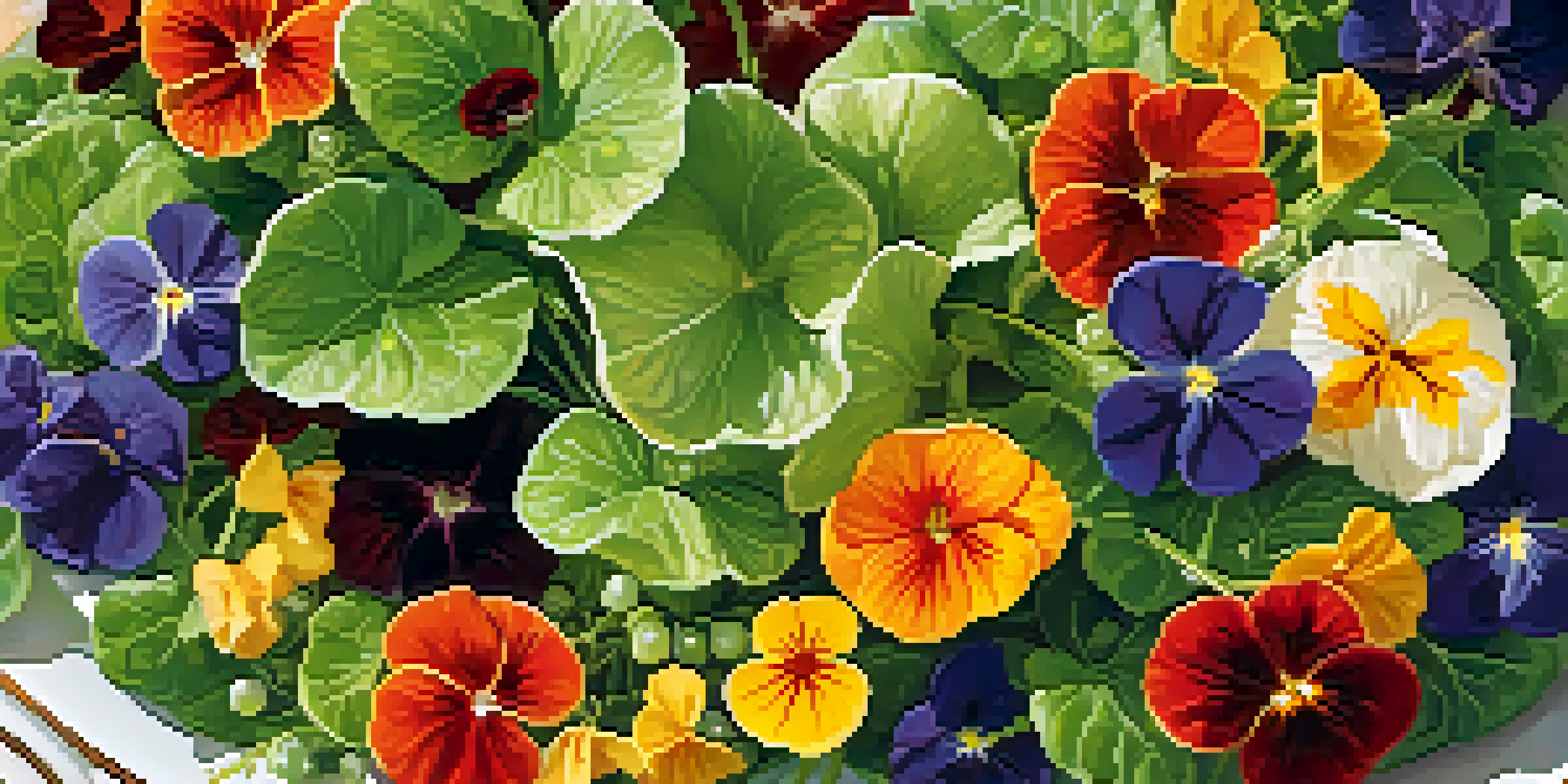 A colorful salad with edible flowers like nasturtiums, pansies, and violets on fresh greens, illuminated by soft sunlight.