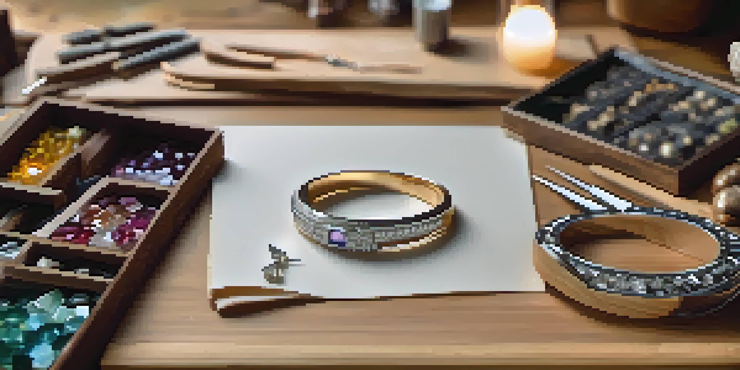 A jewelry carving workspace with various hand tools arranged on a wooden table, soft warm lighting enhances the textures of the tools and wood.