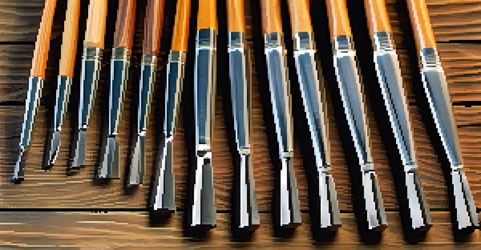 Close-up of various chisels on a wooden surface, highlighting their shapes and textures.