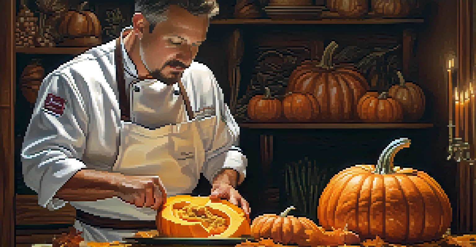 A chef carving a pumpkin with intricate designs in a warm, rustic kitchen.