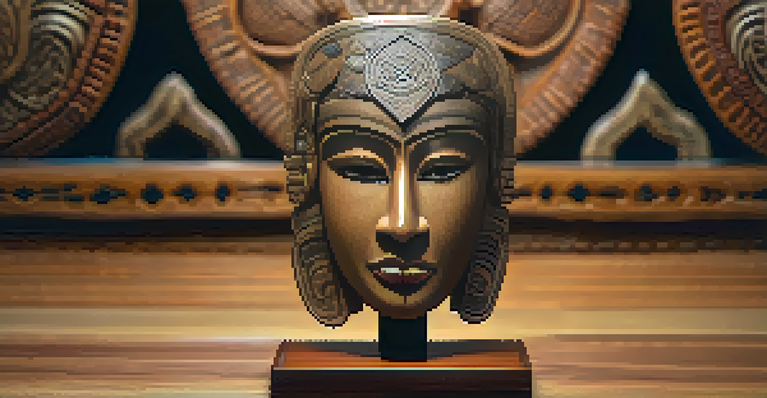 An intricate spiritual mask on a wooden stand, showcasing detailed designs and rich textures.