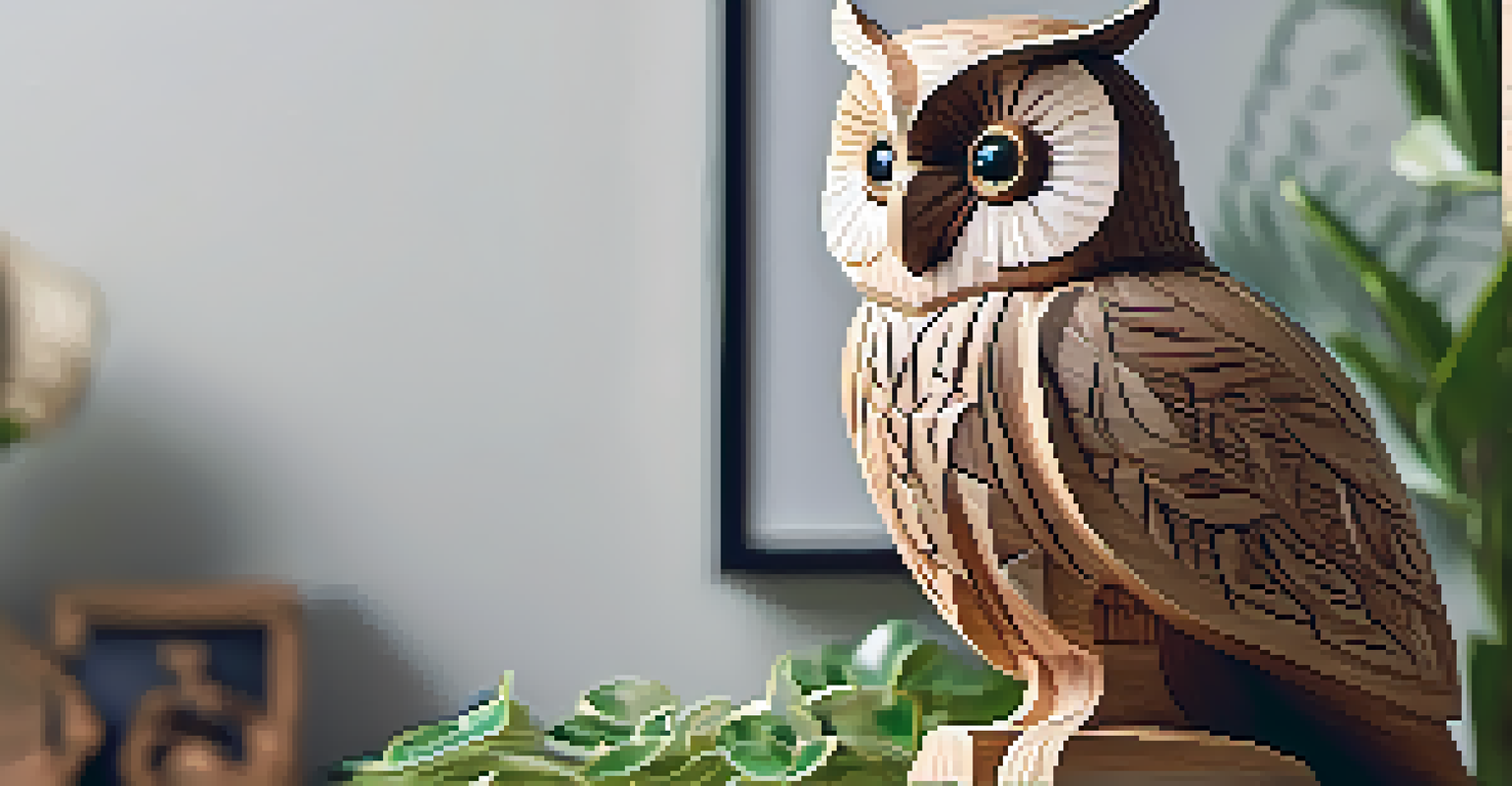 A close-up of a carved wooden owl, highlighting its details and textures.