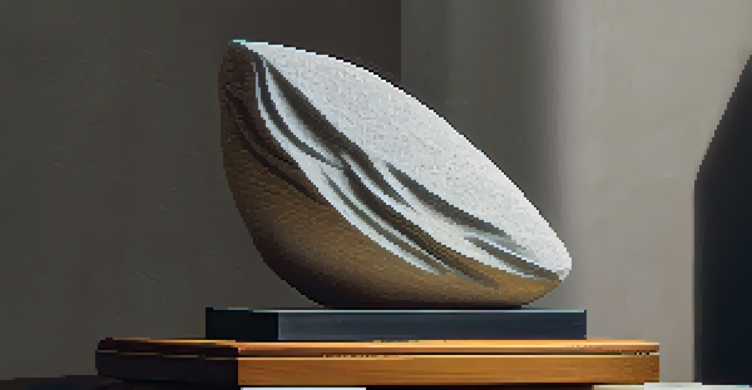 A stone carving with one polished side and one rough side, displayed on a wooden pedestal under focused lighting.