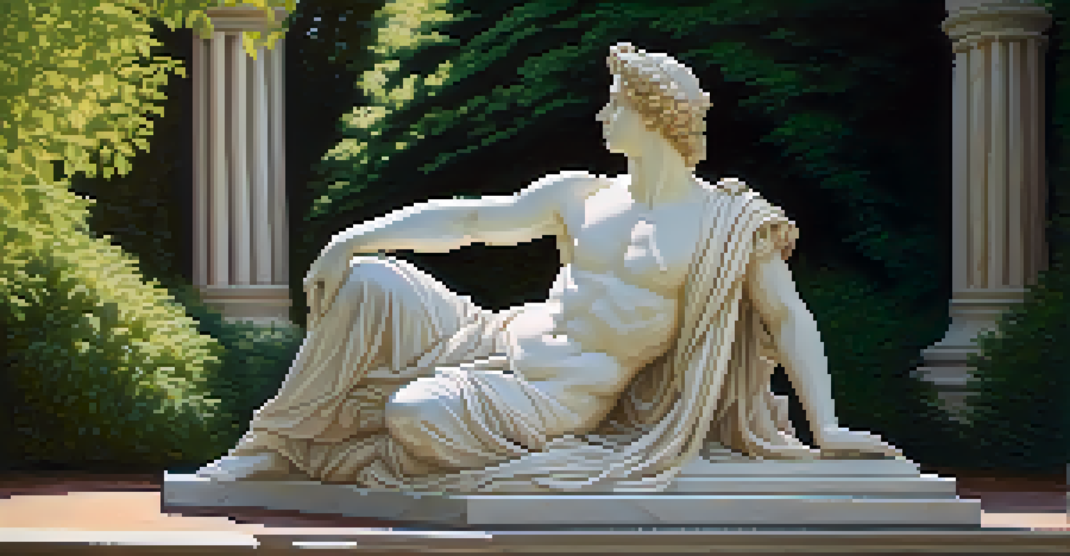 A marble statue in a natural pose surrounded by greenery in a garden.