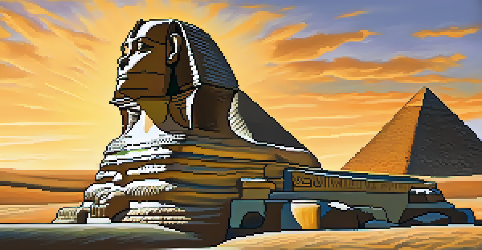 A panoramic view of the Great Sphinx of Giza at sunset, showcasing the dramatic lighting and pyramids in the background.