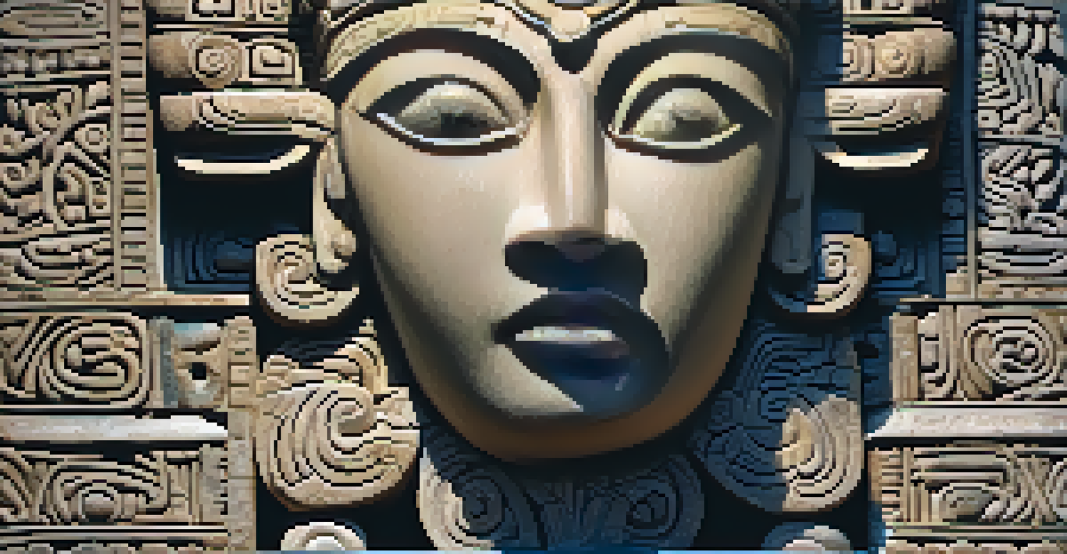 A close-up view of a Mesoamerican stone carving of a deity with intricate details.