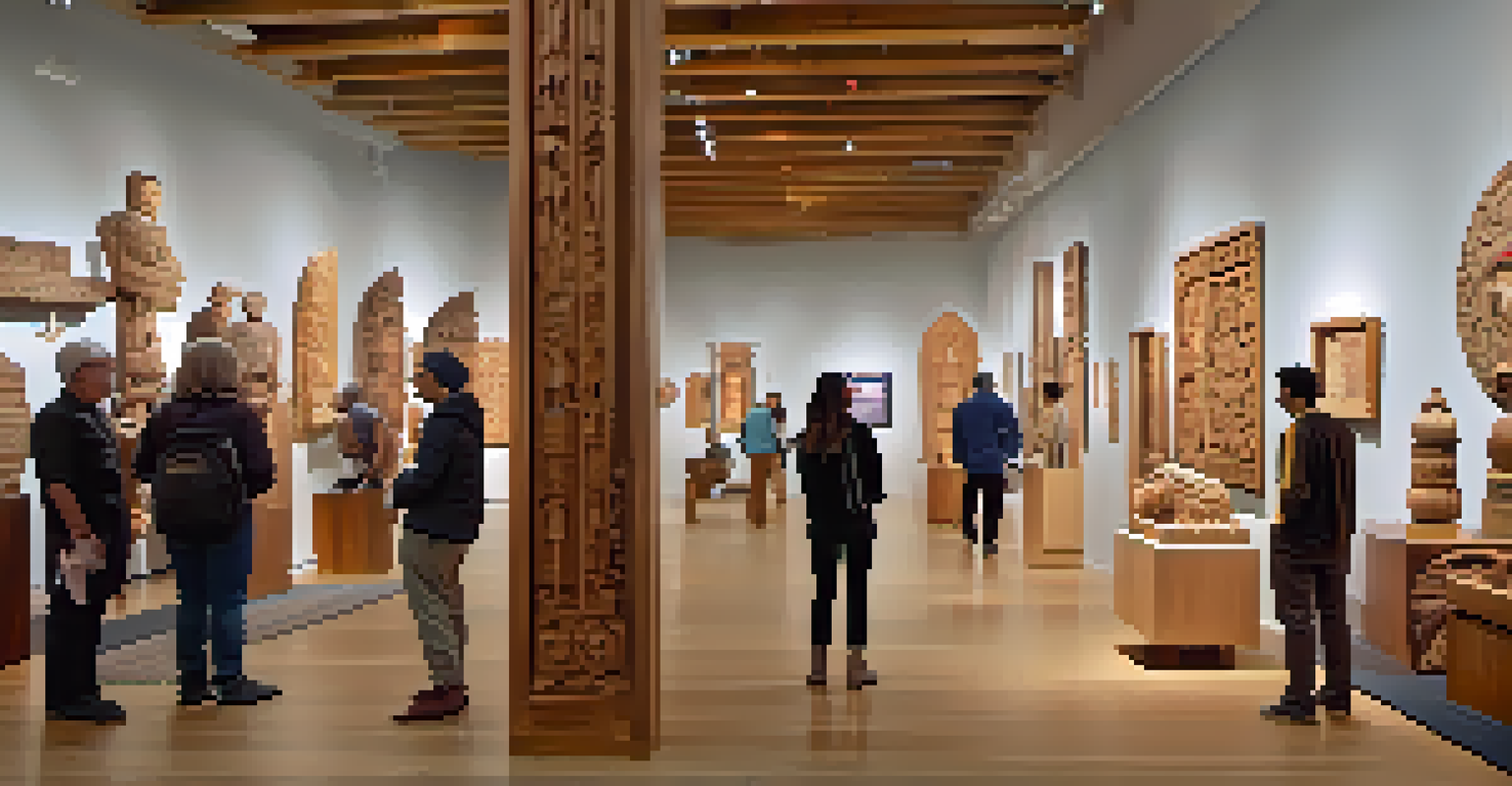 An art gallery displaying wooden carvings from various artists, with visitors admiring the intricate sculptures under soft spotlighting.
