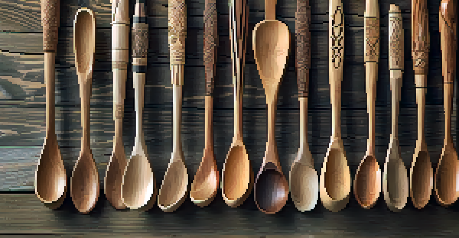 A collection of intricately carved wooden spoons on a rustic table, showcasing different designs and wood colors.