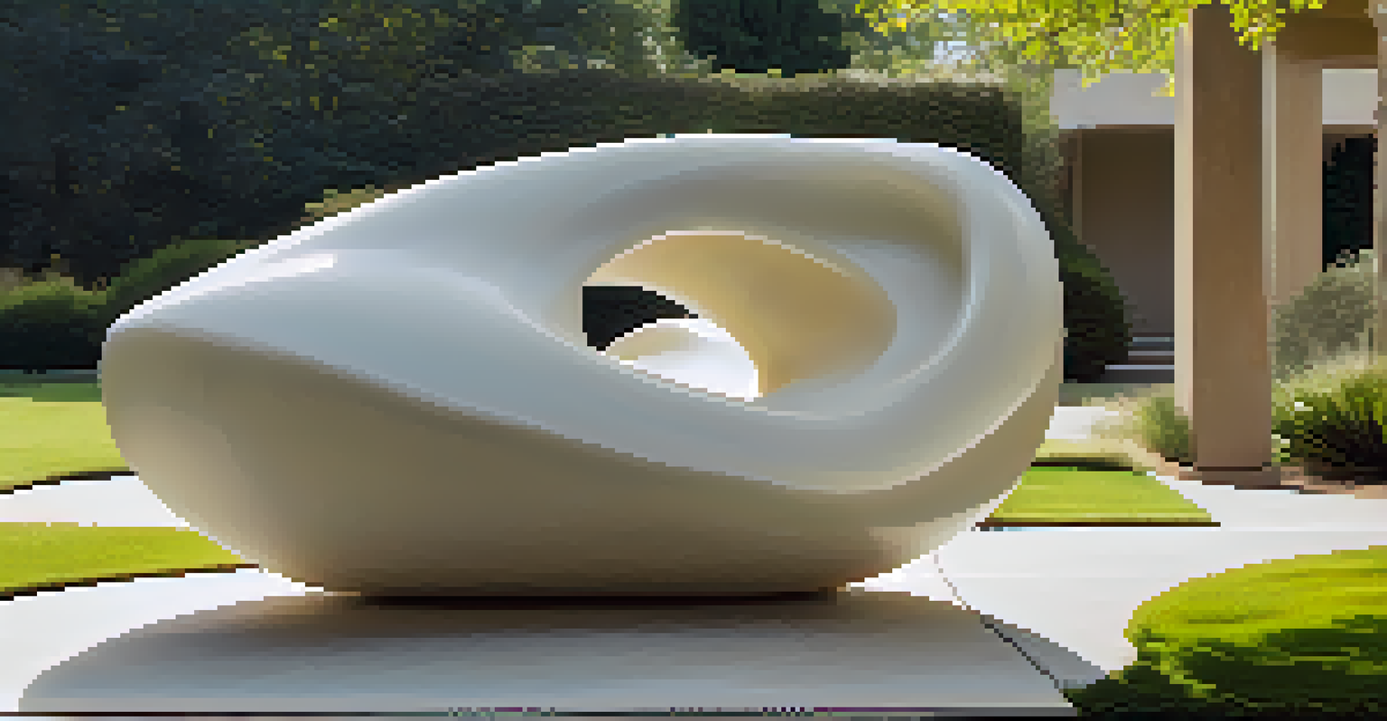 An abstract alabaster sculpture with flowing lines, set in a bright garden, showcasing light and shadow interplay.