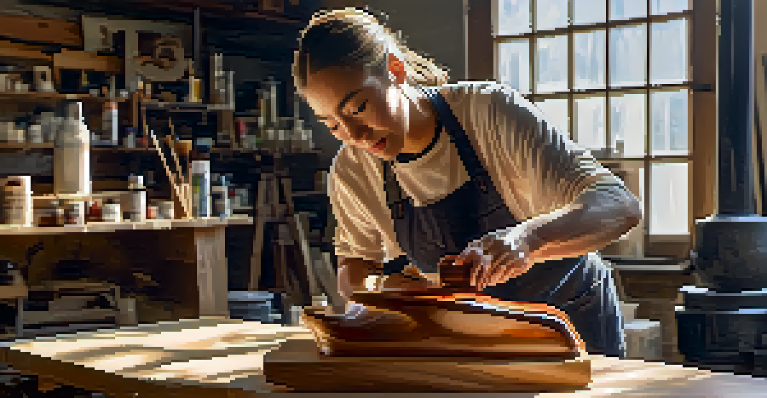 An artist applying lacquer to a wooden sculpture in a bright workshop.
