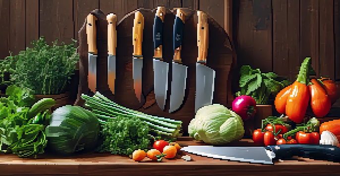 A close-up view of a wooden knife block with carving knives, surrounded by fresh vegetables and herbs on a kitchen countertop.