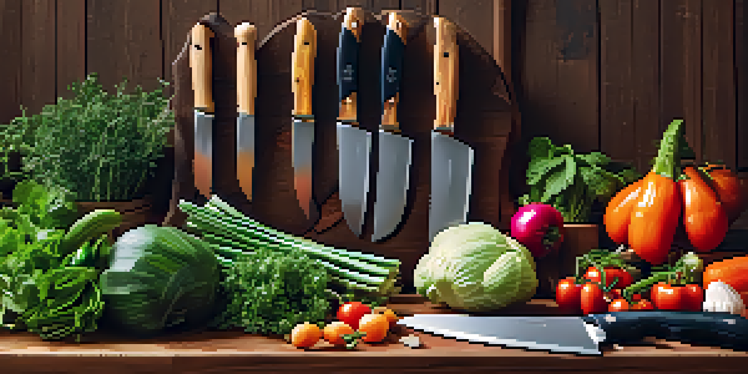A close-up view of a wooden knife block with carving knives, surrounded by fresh vegetables and herbs on a kitchen countertop.