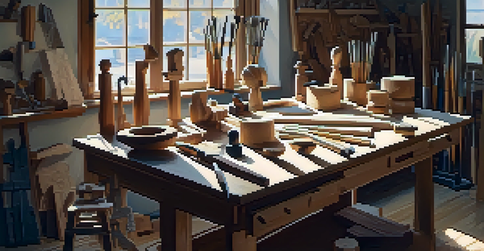 A bright sculptor's workshop with tools and a half-finished wooden sculpture on the workbench, surrounded by wood shavings and sketches on the walls.