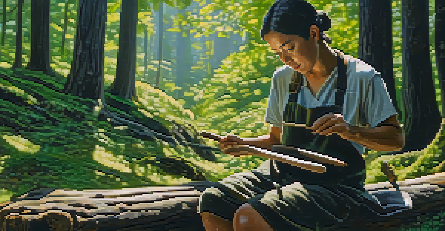 A person in a forest sitting on a log, carving a wooden spoon with tools beside them, surrounded by greenery.