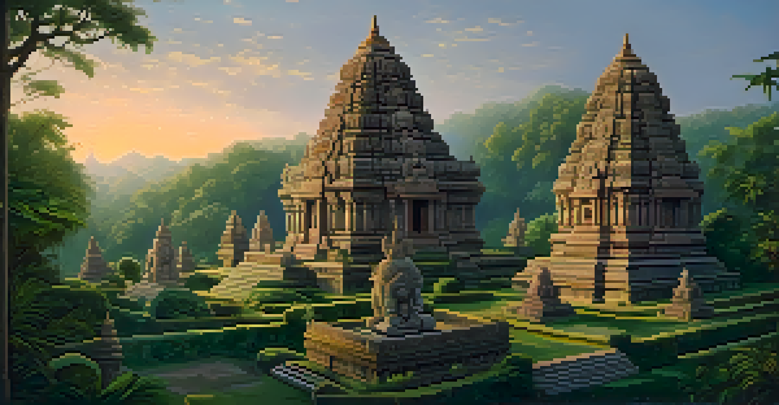 A stone temple with elaborate Hindu deity carvings, surrounded by greenery at dusk, creating a peaceful scene.
