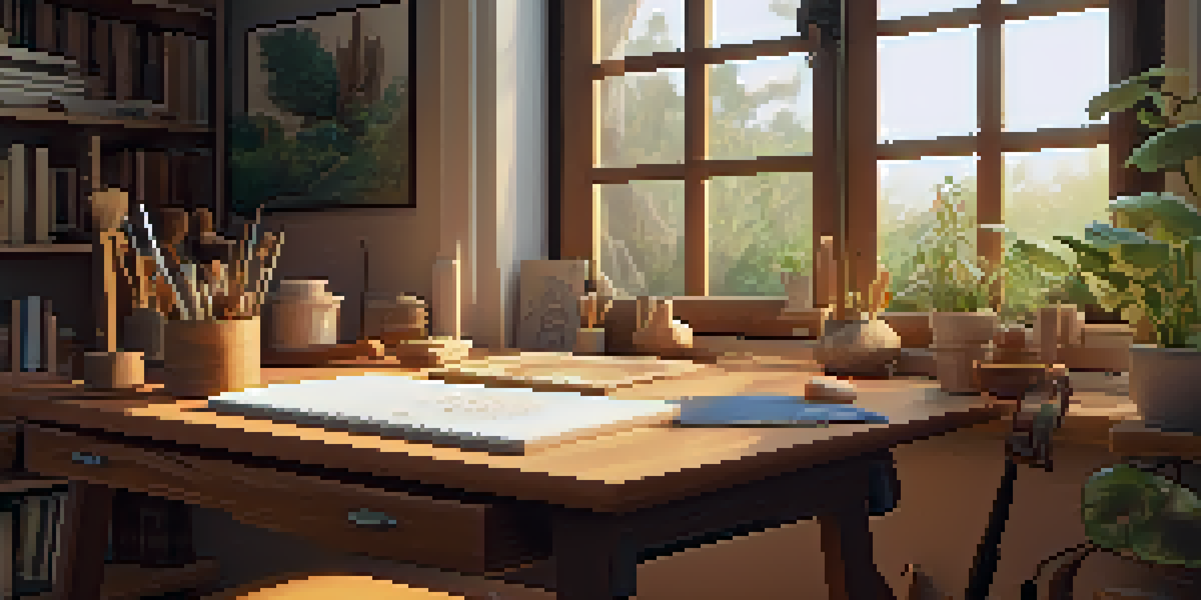 A cozy home workspace for virtual carving with tools on a wooden table and a laptop showing a tutorial, illuminated by warm light.
