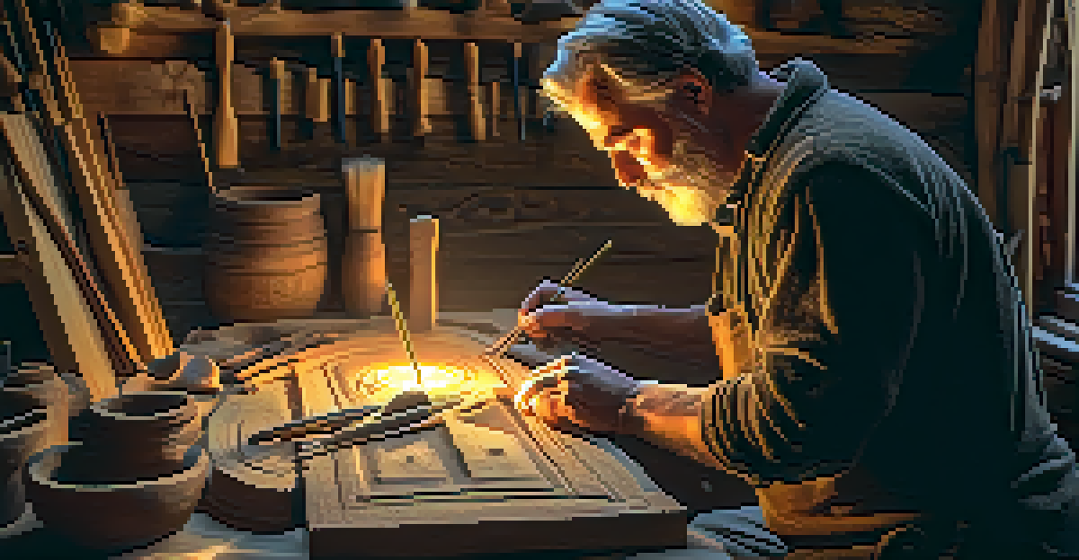 An artisan carving a wooden piece with Celtic patterns in a rustic workshop, surrounded by tools and warm light.