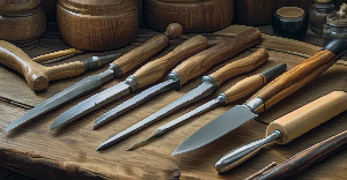 A close-up view of essential wood carving tools on a wooden table, including a carving knife, chisels, and gouges, with soft lighting.