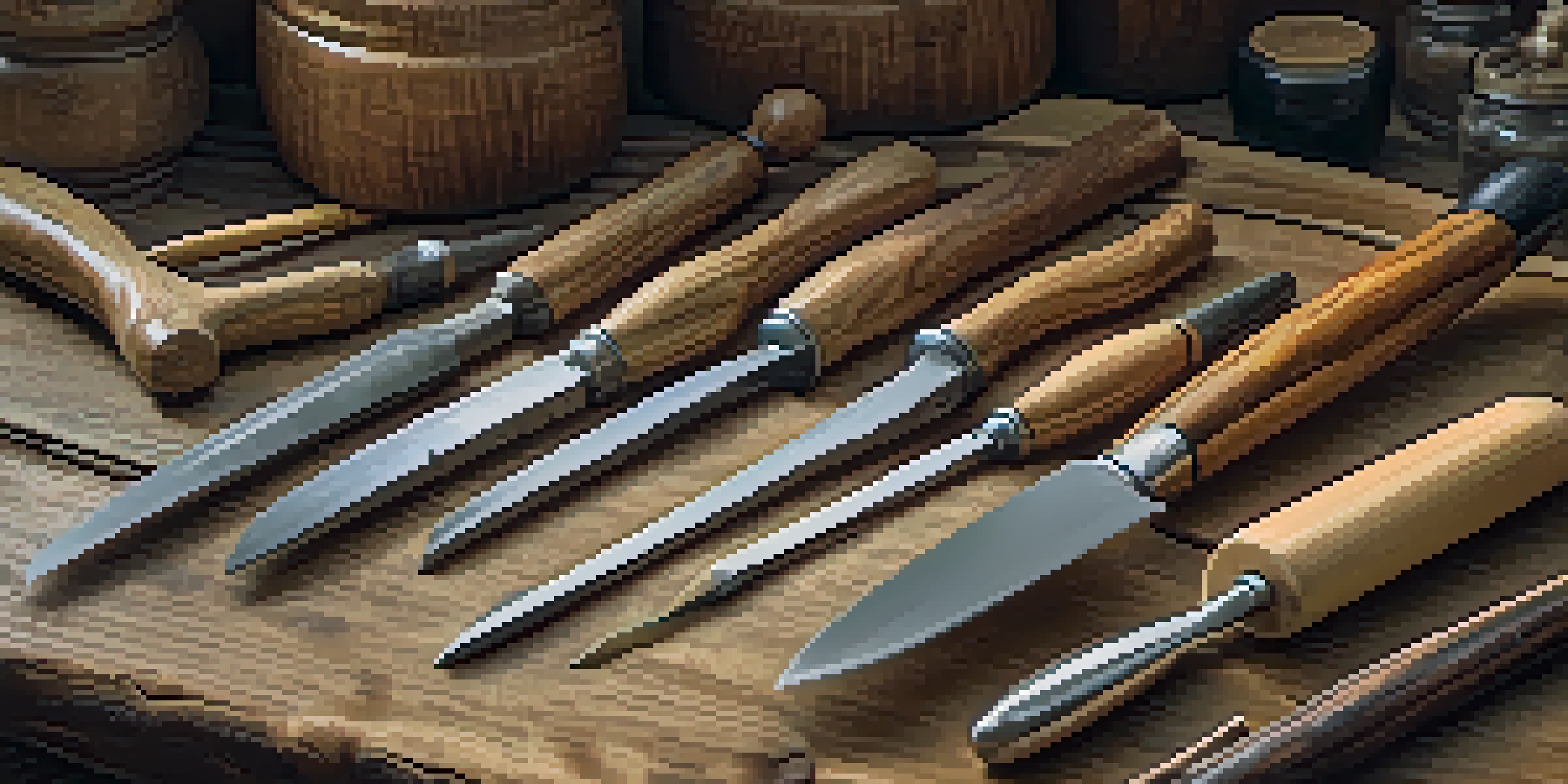 A close-up view of essential wood carving tools on a wooden table, including a carving knife, chisels, and gouges, with soft lighting.