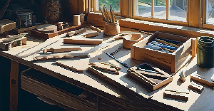 An artist's workspace with carving tools, woodblocks, and a chip carving project, illuminated by natural light from a window.