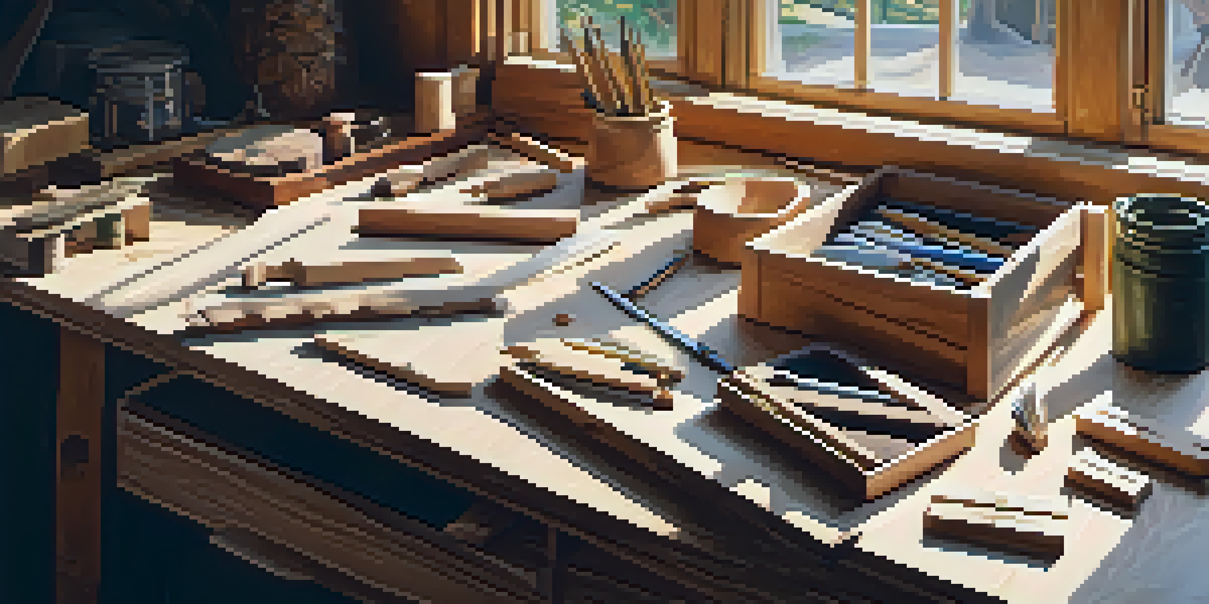 An artist's workspace with carving tools, woodblocks, and a chip carving project, illuminated by natural light from a window.