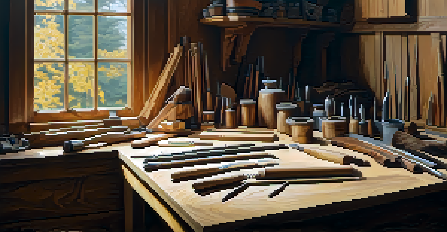 Artist's workshop with carving tools and a partially finished relief carving of a tree illuminated by natural light.
