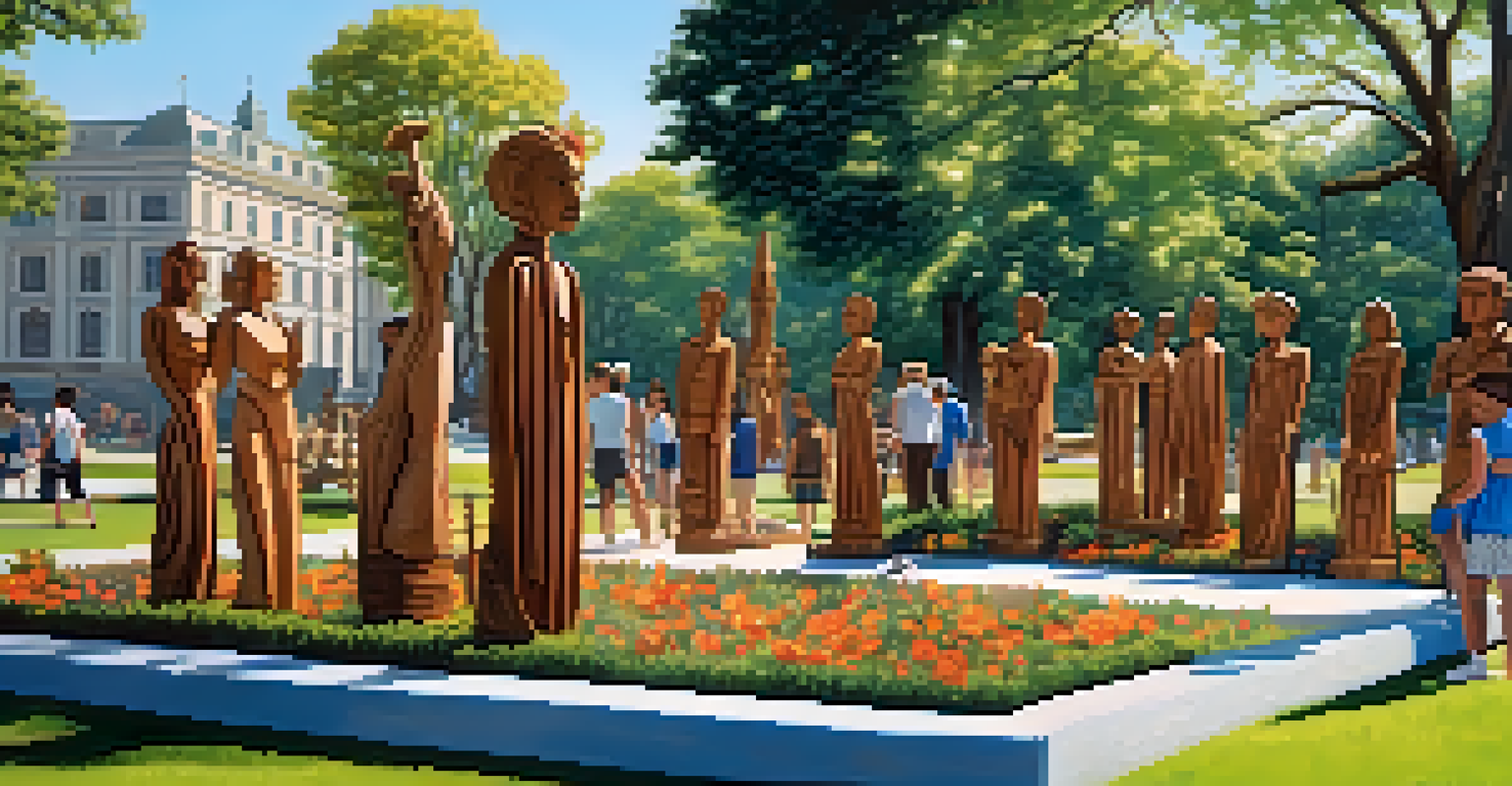 A public park displaying a series of carved wooden sculptures representing cultural heritage, with visitors appreciating the art.