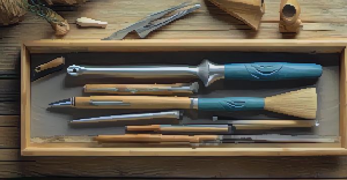 A collection of eco-friendly carving tools displayed on a wooden table, showcasing bamboo handles and recycled metals under natural light.
