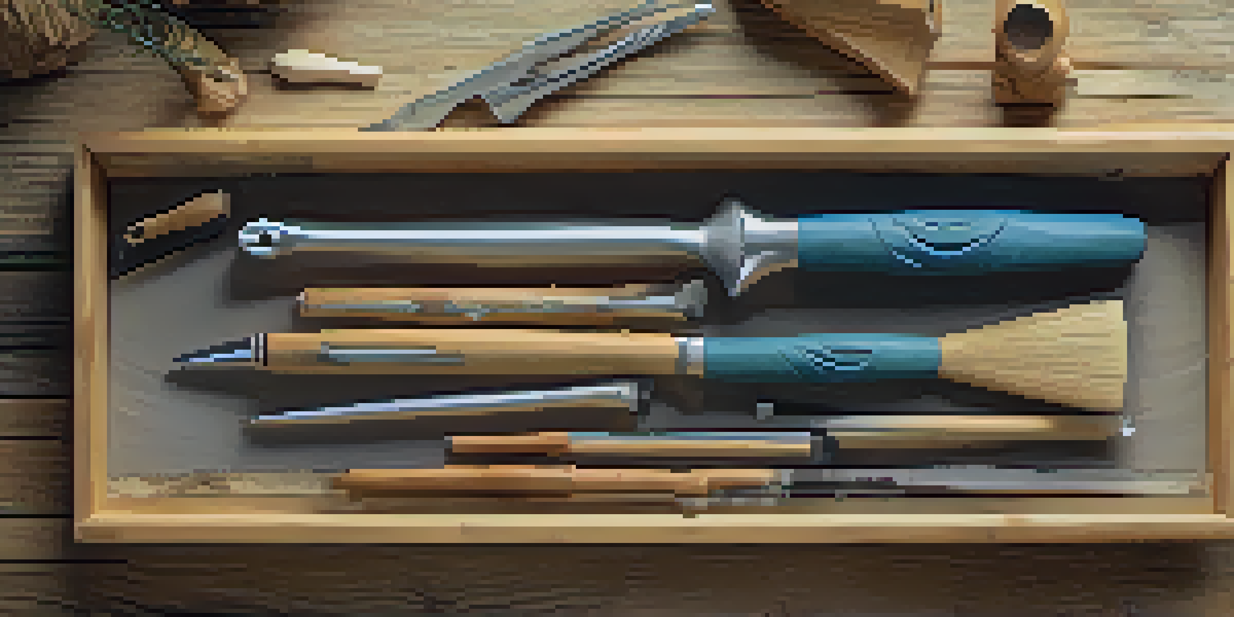 A collection of eco-friendly carving tools displayed on a wooden table, showcasing bamboo handles and recycled metals under natural light.
