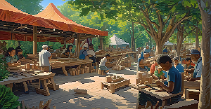 A diverse group of people participating in a community carving workshop outdoors, surrounded by tools and wood shavings under the sunlight.
