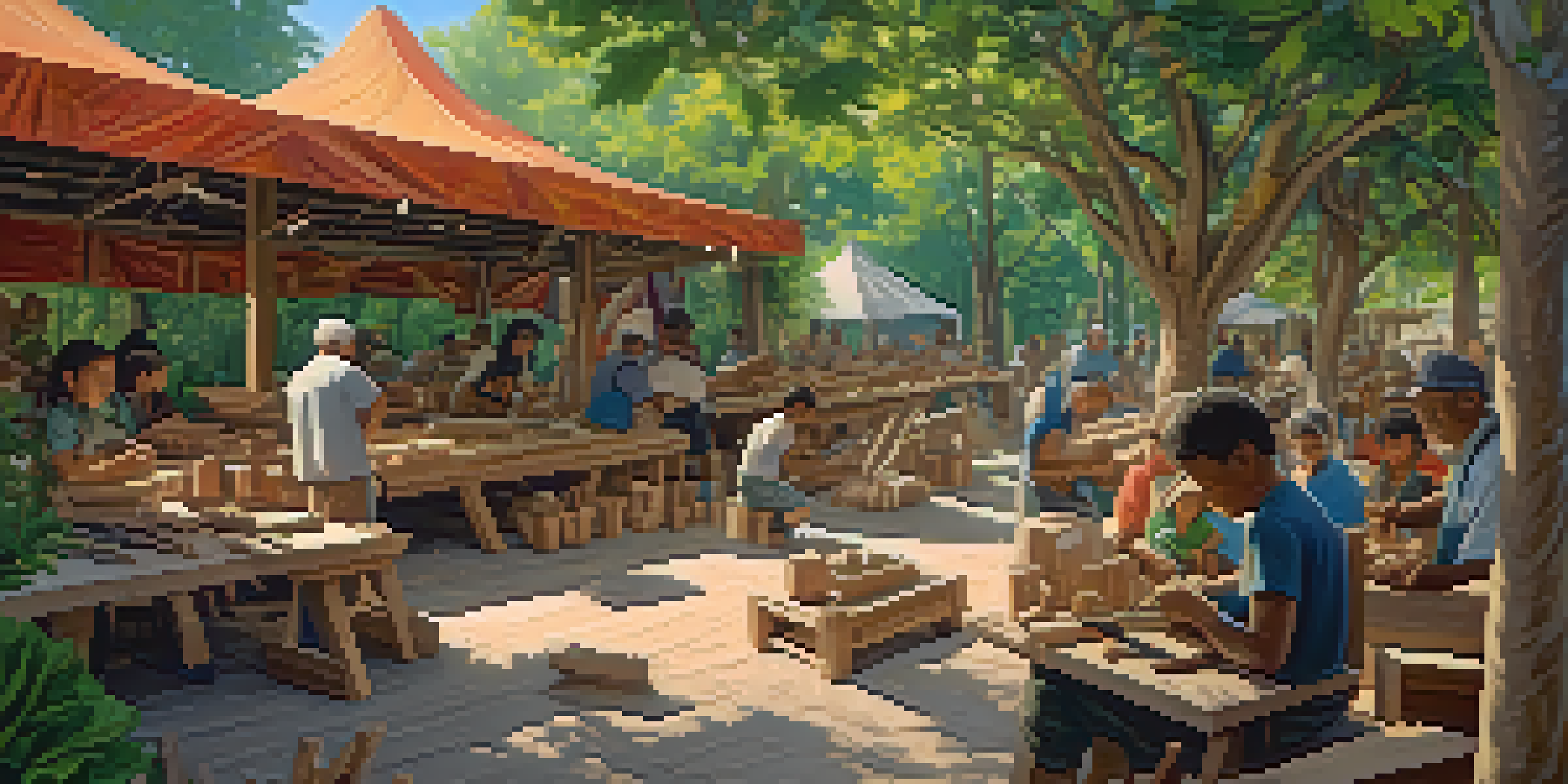 A diverse group of people participating in a community carving workshop outdoors, surrounded by tools and wood shavings under the sunlight.