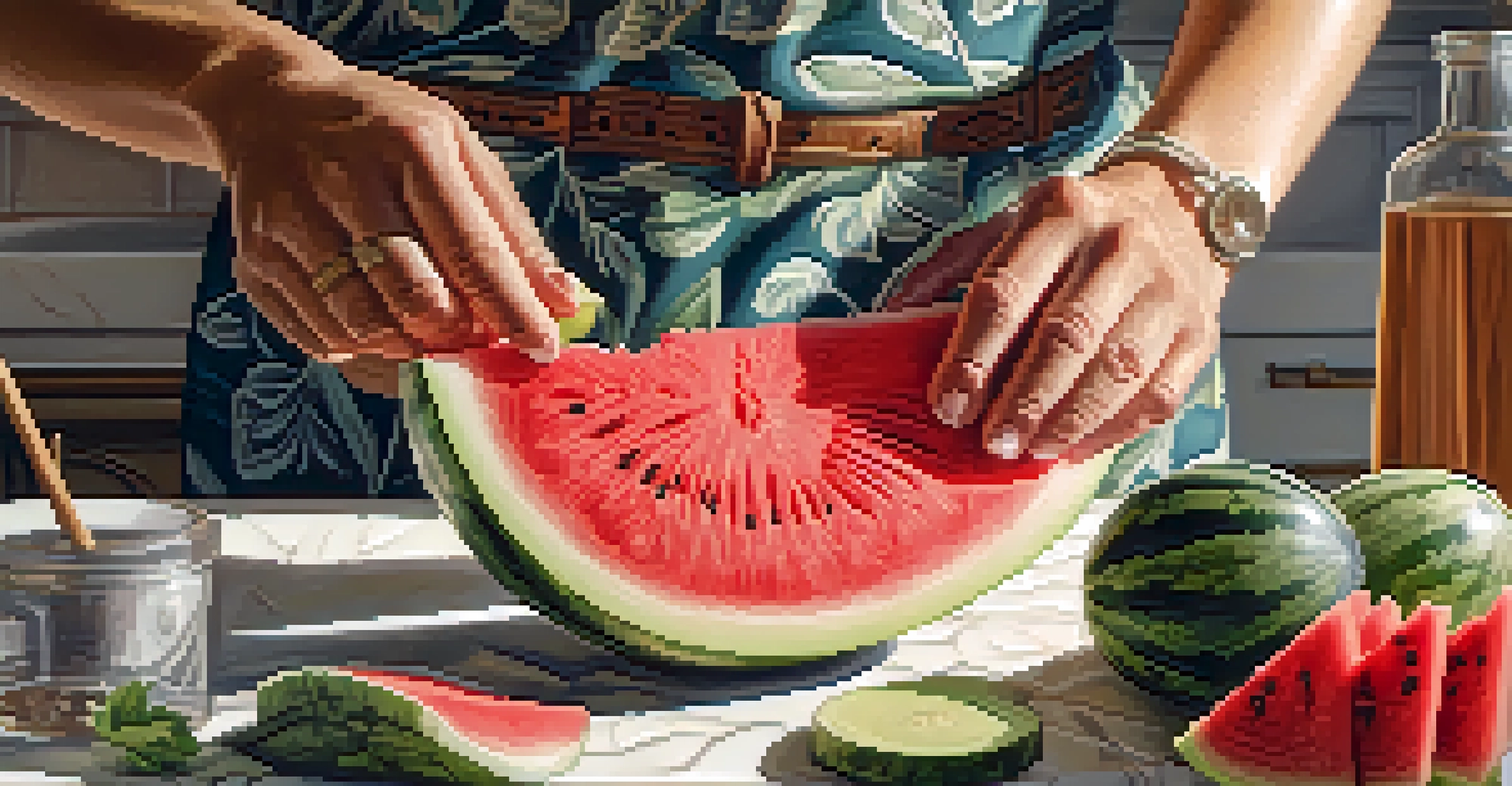 Close-up of hands carving a watermelon into a floral design in a bright kitchen.