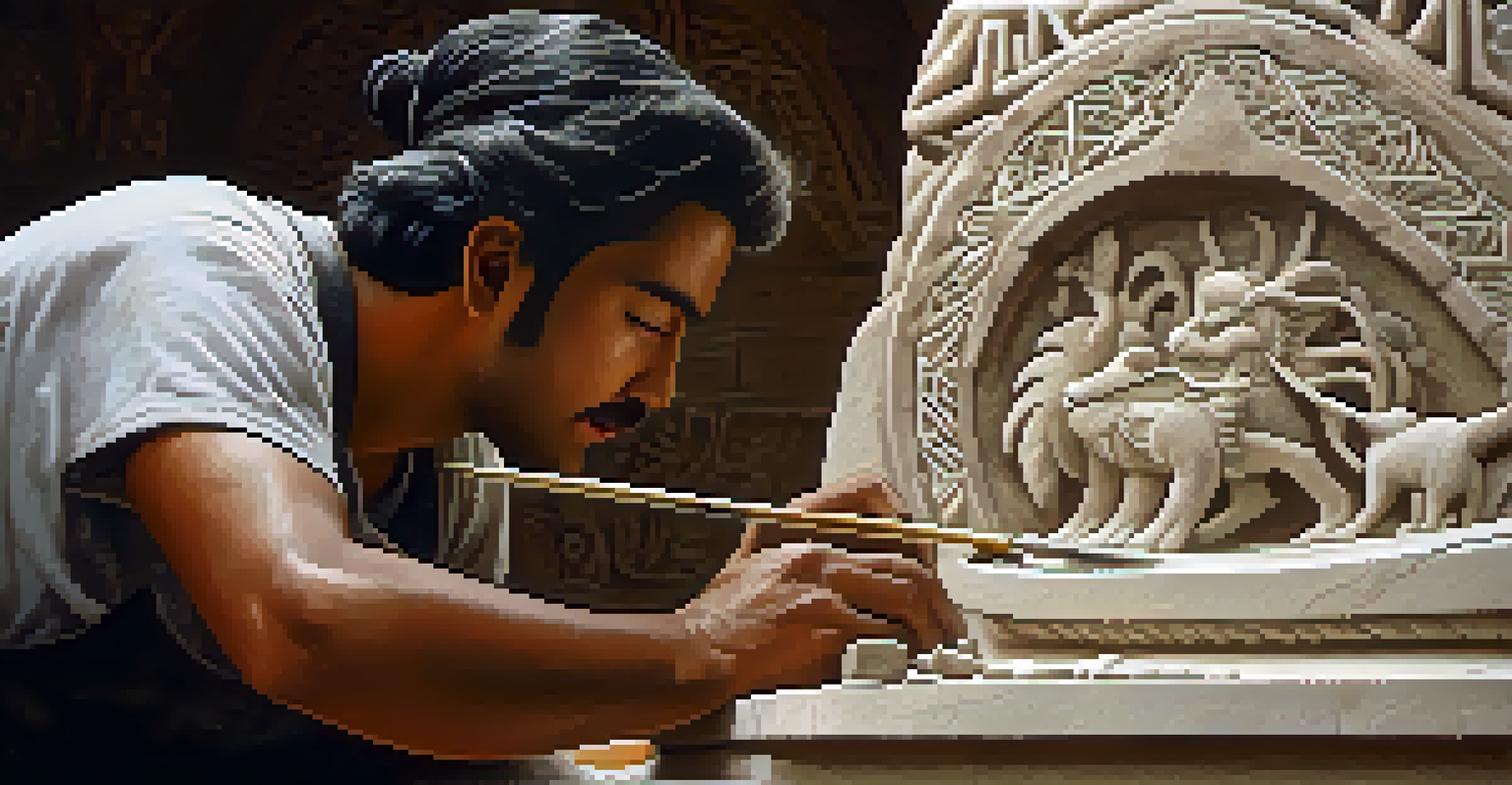 An artisan carving intricate designs into a stone block, surrounded by tools and dust, showcasing traditional stone carving techniques.