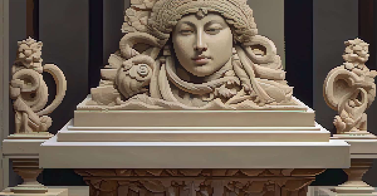 Intricately carved stone sculpture on a pedestal with chisels and hammer beside it, highlighted by natural light.