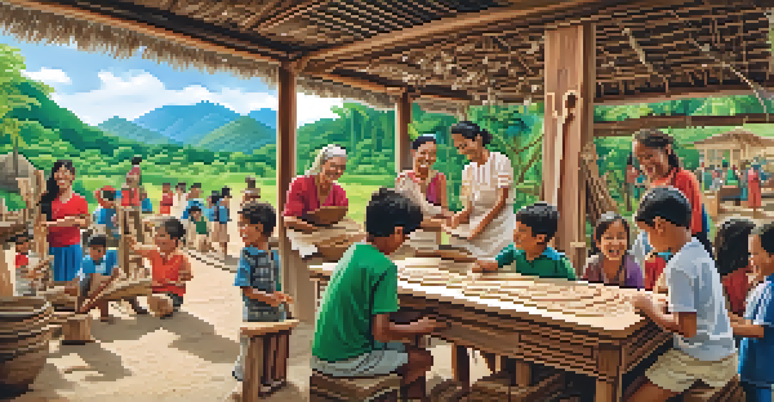 A community workshop with artisans and children creating carvings from sustainable materials.