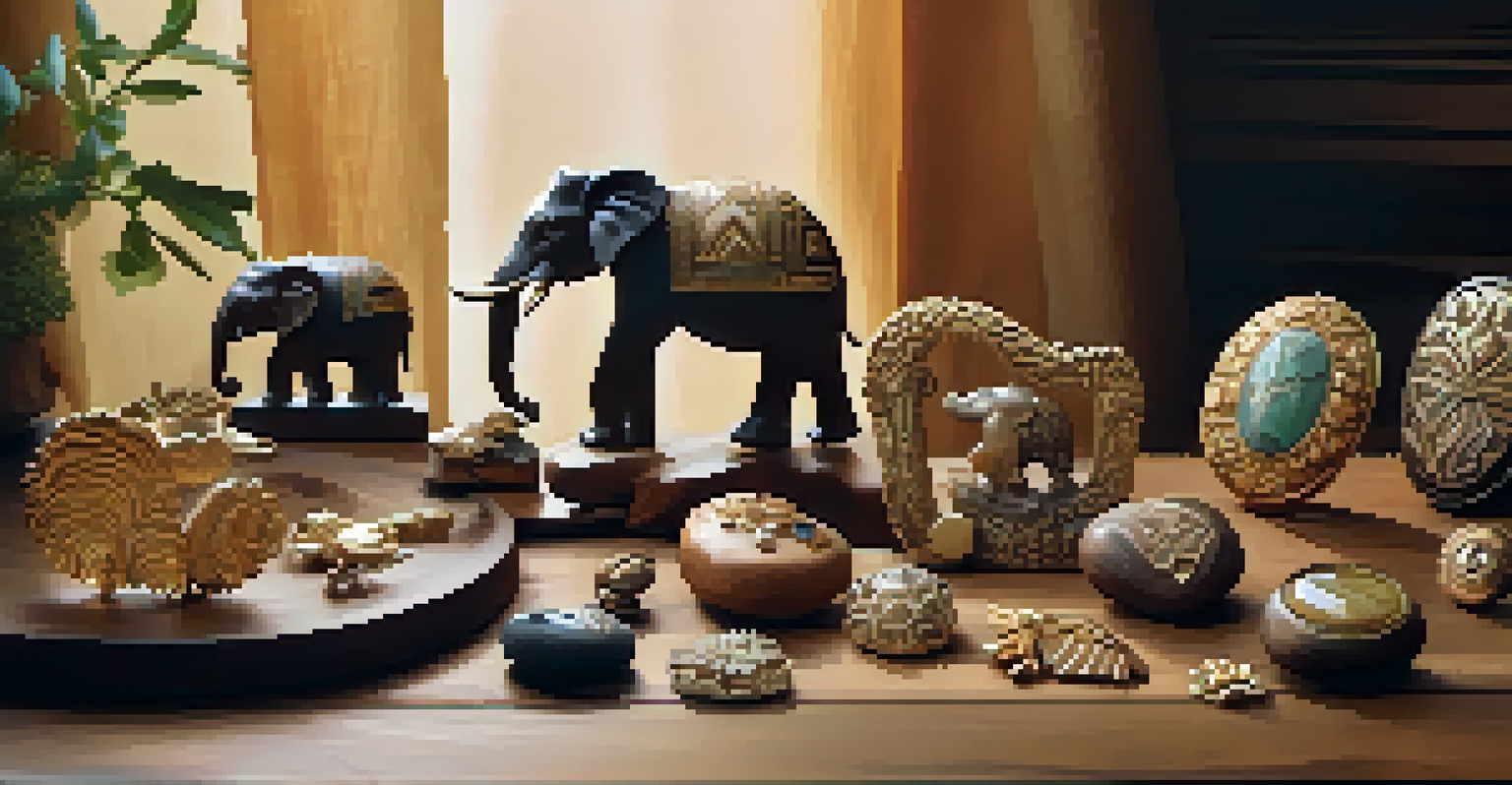A collection of carved jewelry pieces with animal motifs on a rustic wooden table.