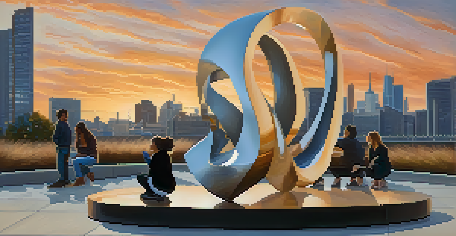A modern public sculpture symbolizing female empowerment in an urban environment, with people gathered around and a sunset skyline.