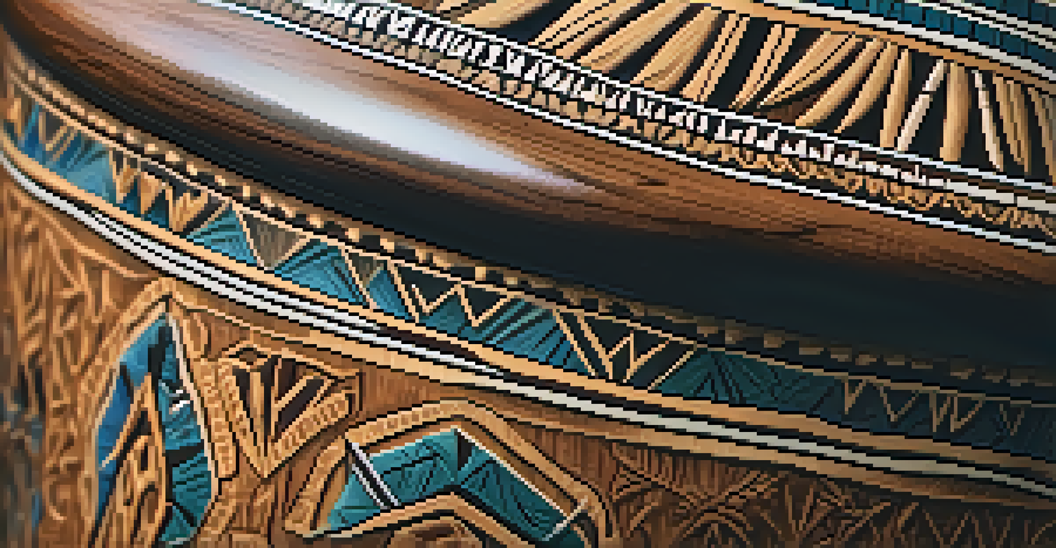 A close-up view of an intricately carved African drum showcasing cultural patterns and textures.