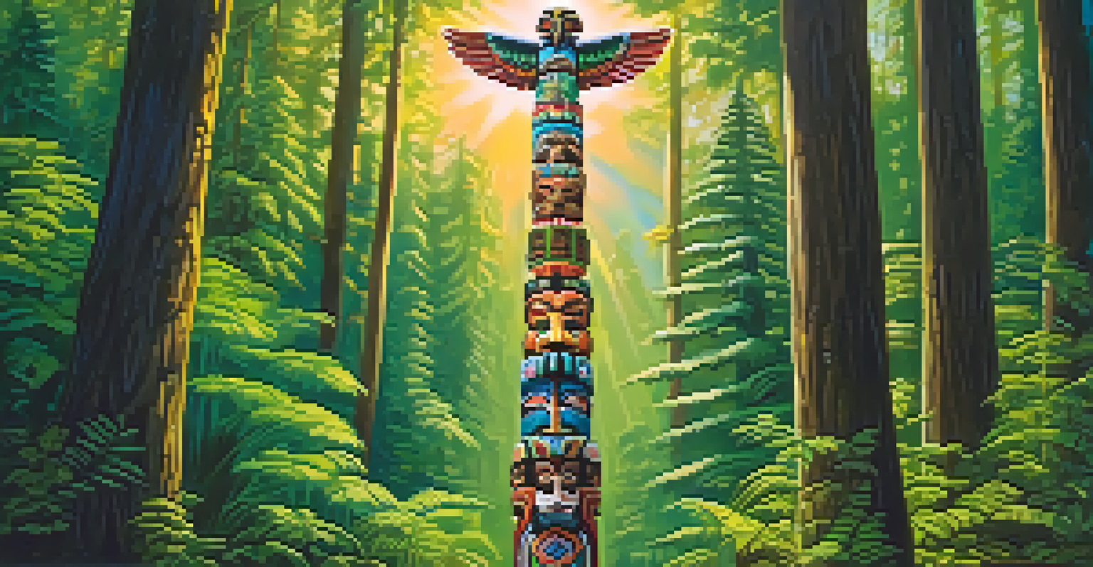 A tall totem pole with vibrant carvings in a green forest, sunlight filtering through the trees.