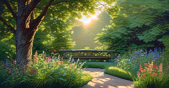 A wooden sculpture surrounded by wildflowers in a rural landscape, with sunlight filtering through trees.