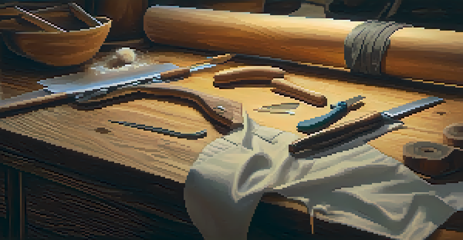 A close-up of a carver's apron with pockets filled with tools, set on a workbench with wood shavings.
