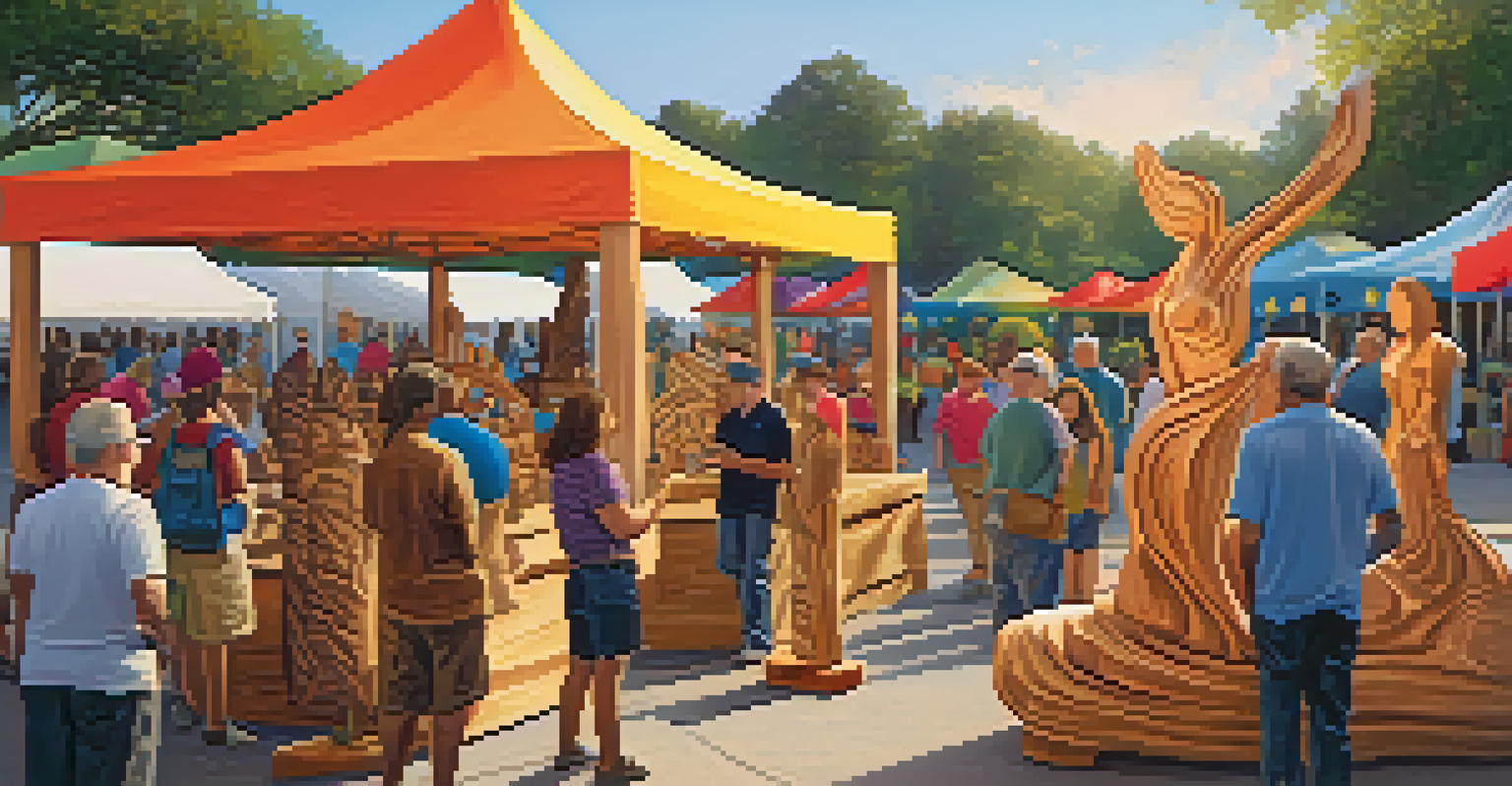 A community art event with people admiring wooden sculptures, decorated with colorful banners during sunset.