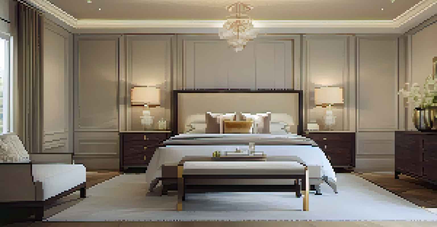An elegant bedroom with carved nightstands beside a plush bed, featuring soft lighting and neutral colors.