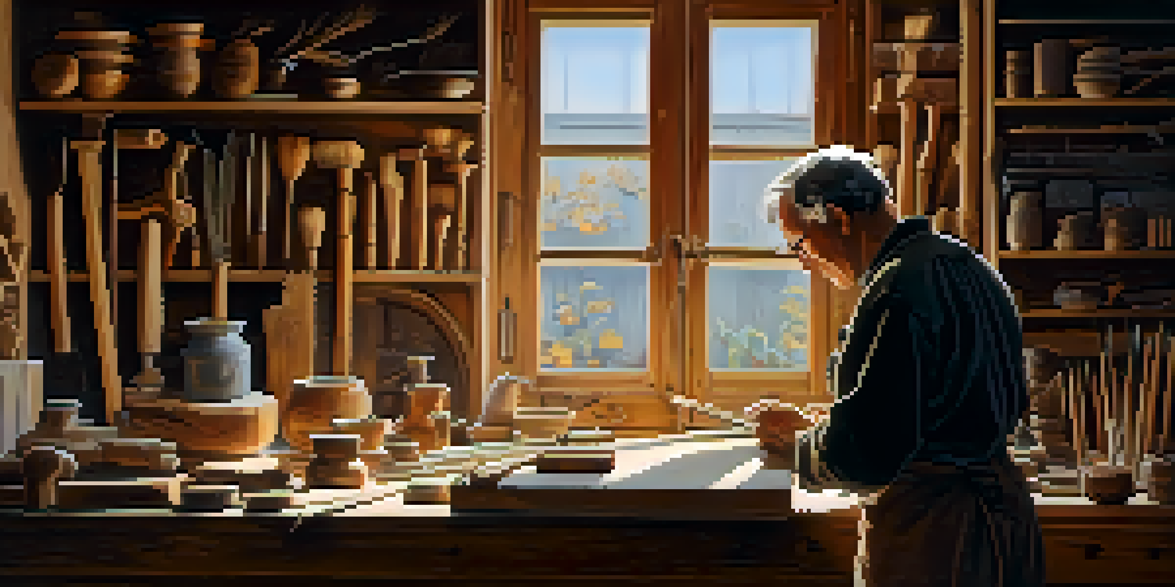 A carver working in a warm, well-lit workshop, surrounded by tools and a flickering candle, focusing on detailed wood carving.