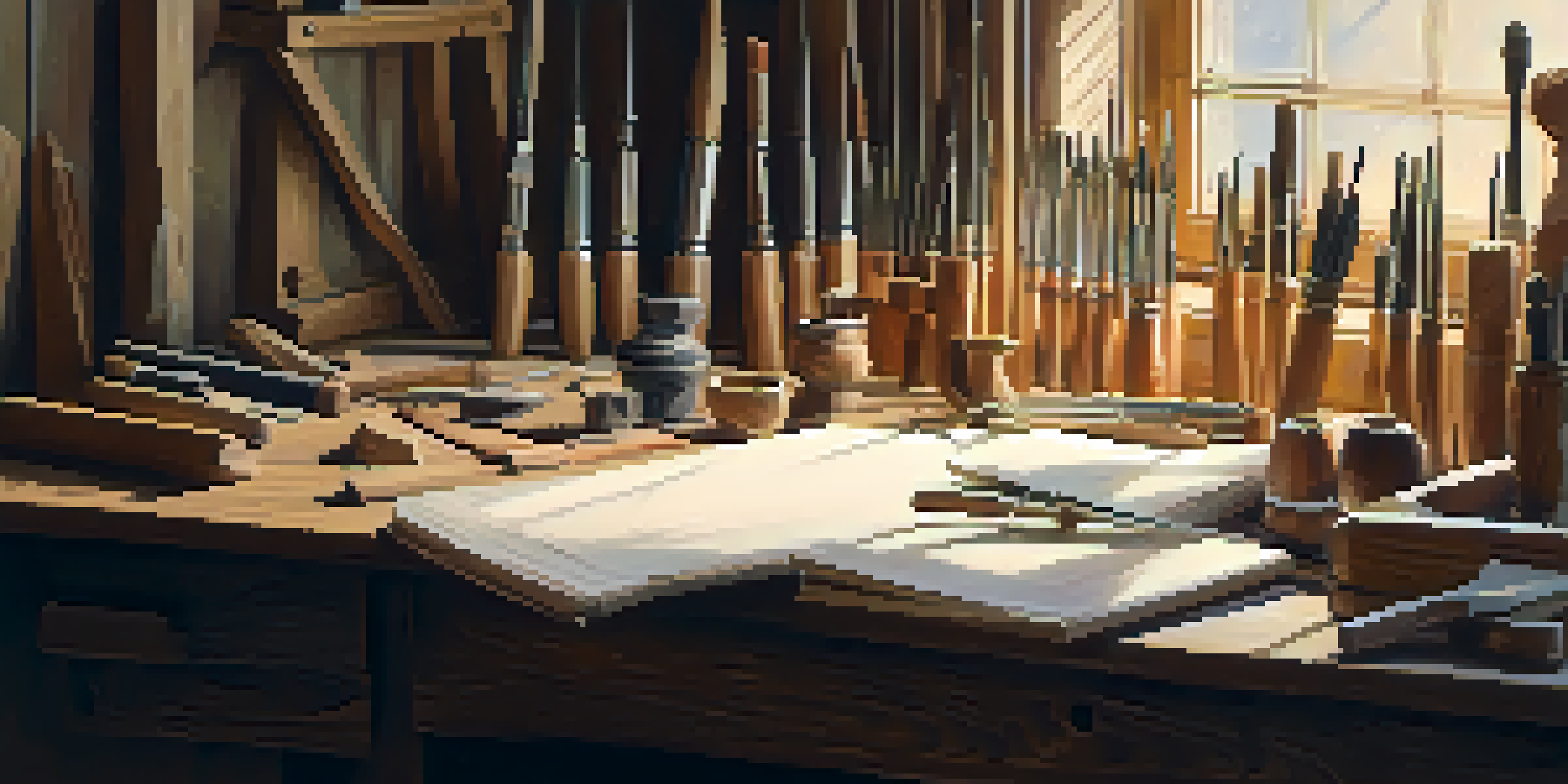 A sculptor's workspace with neatly arranged carving tools and an open sketchbook, illuminated softly.