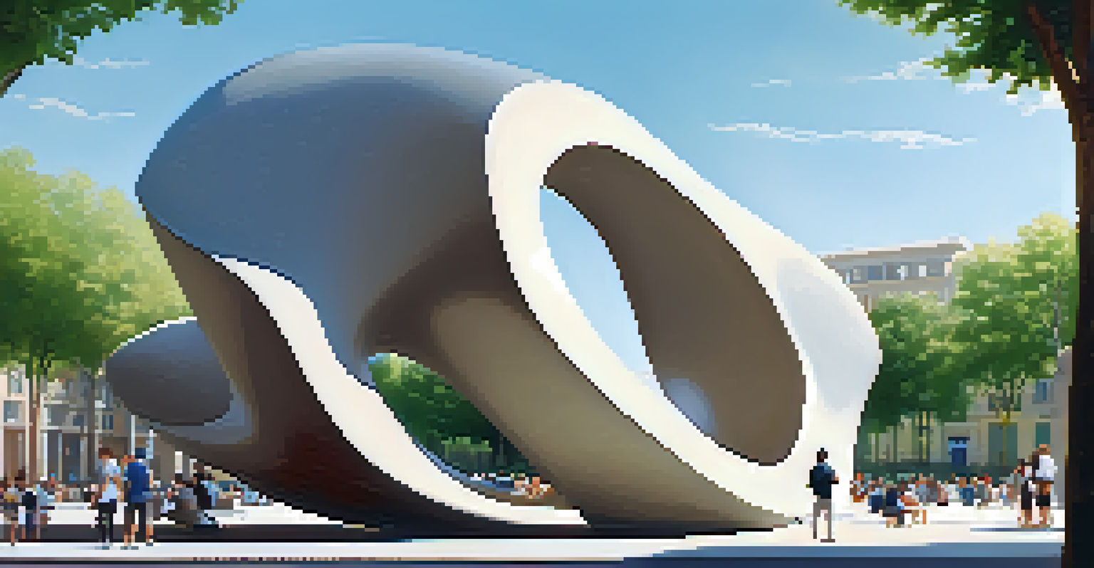 An abstract stone sculpture in a city plaza, surrounded by plants and benches, with people interacting in a sunny setting.