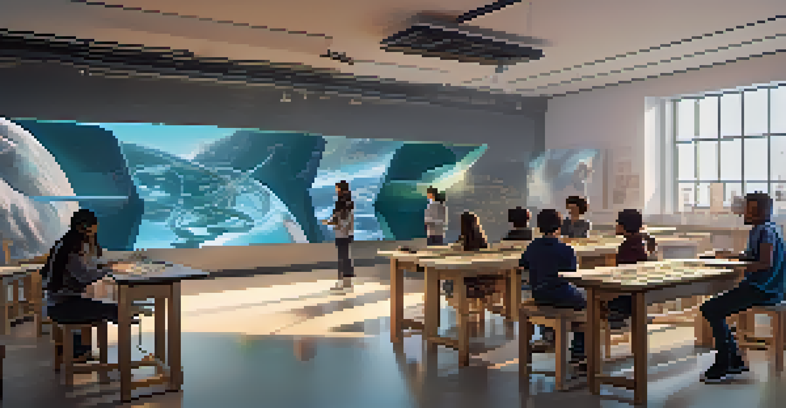 A teacher guiding students in a futuristic classroom with VR carving lessons and holographic images of techniques.