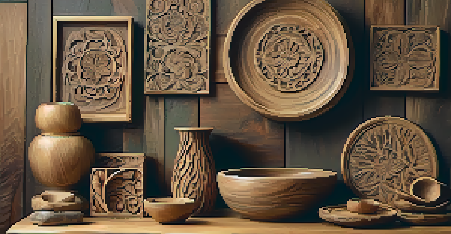 A collection of carved wooden items made from recycled wood, displayed on a rustic table with soft lighting.