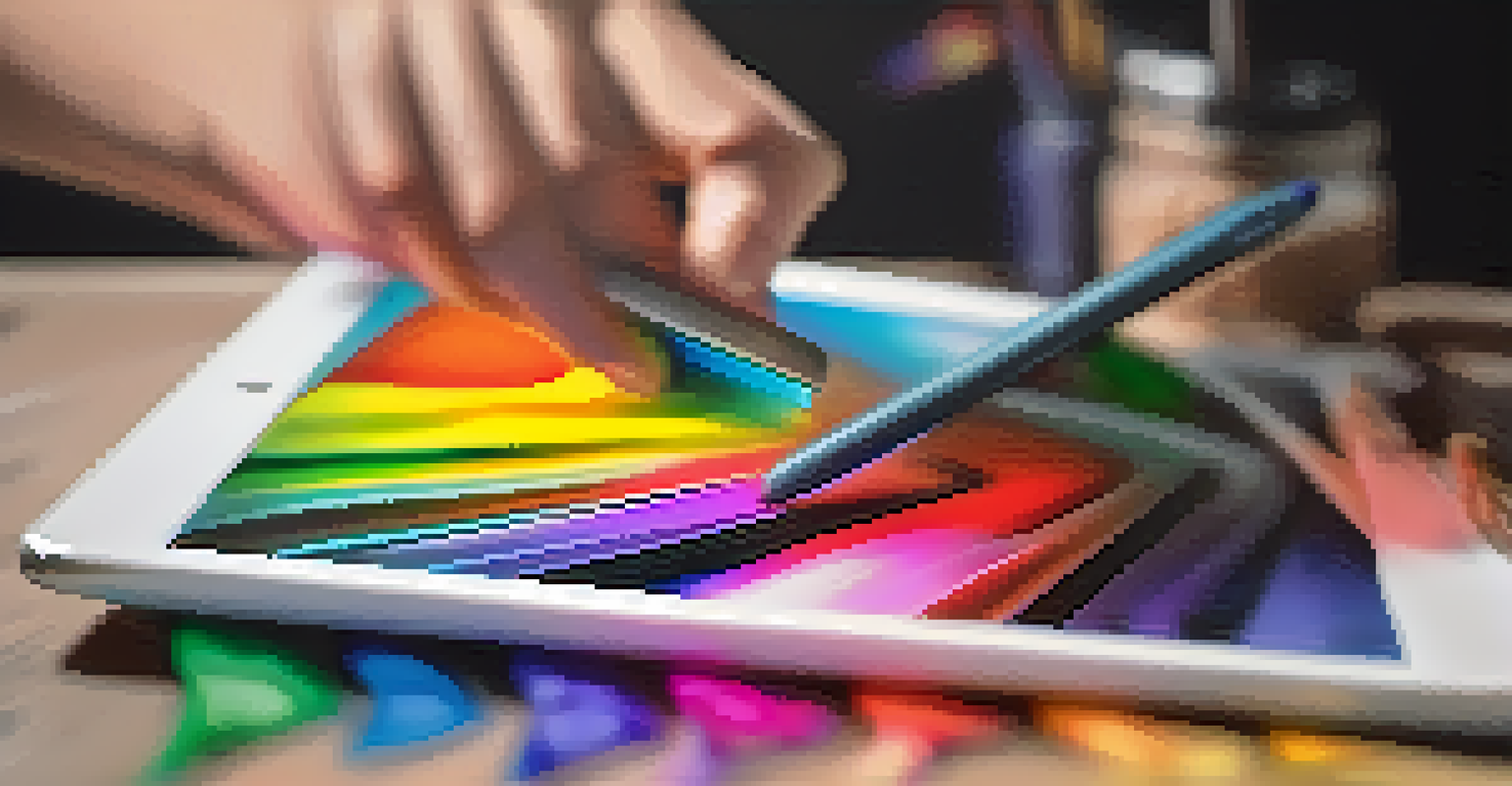 An artist's hand creating art on a digital tablet, with a colorful artwork in progress on the screen and a blurred background.