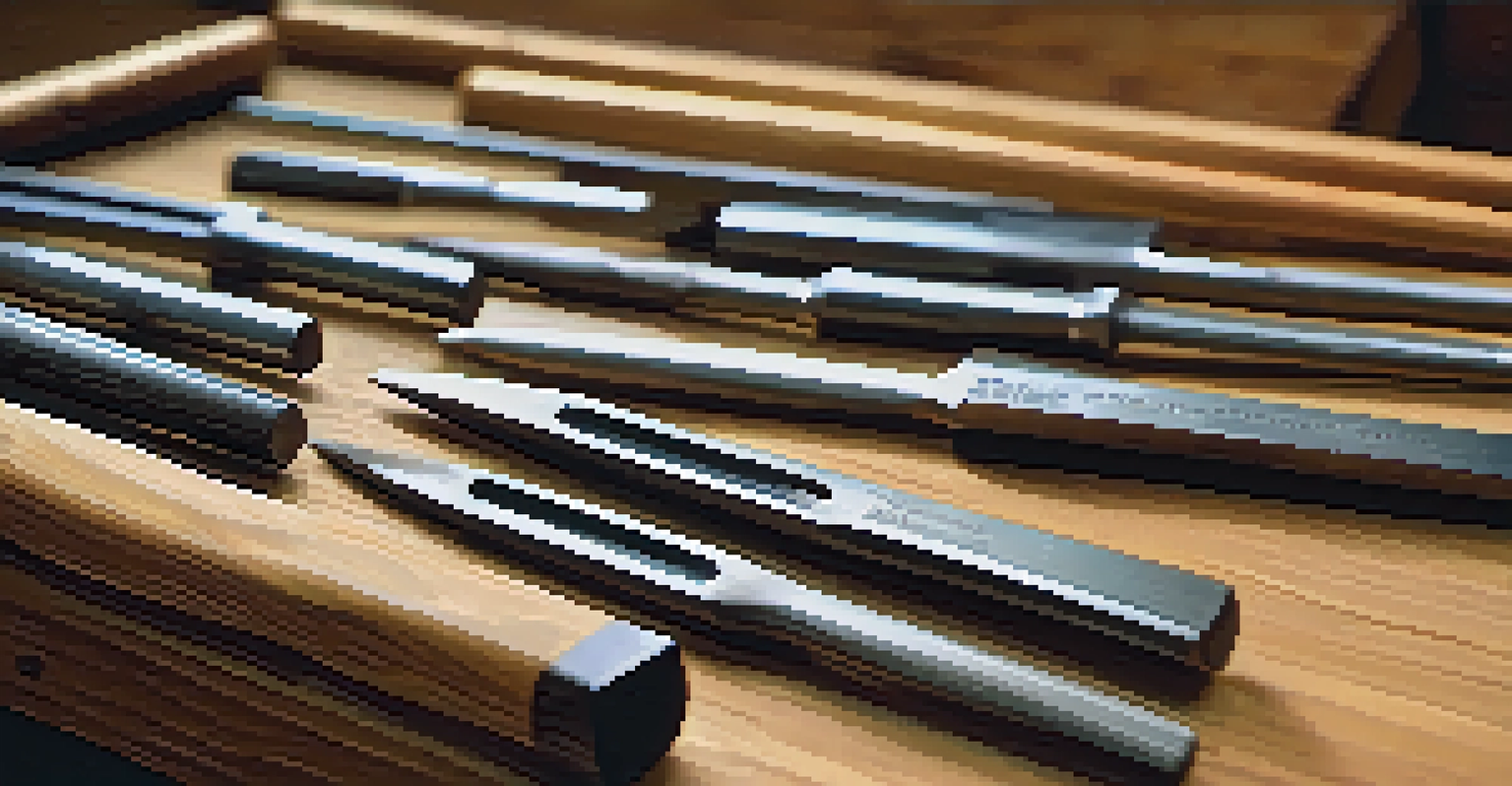 A close-up of various high-carbon steel chisels displayed on a wooden workbench, highlighting their different shapes and sizes.